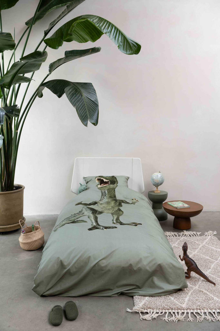 Snurk Dino dekbedovertrek 140x200 cm in Jurassic Green met T-rex print van biologisch katoen