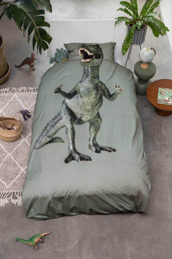 Snurk Dino dekbedovertrek 140x200 cm in Jurassic Green met T-rex print van biologisch katoen