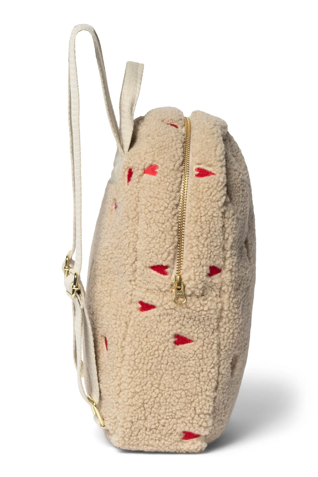 Mini rugzak van Studio Noos in teddy stof met hartjesmotief, kleur ecru