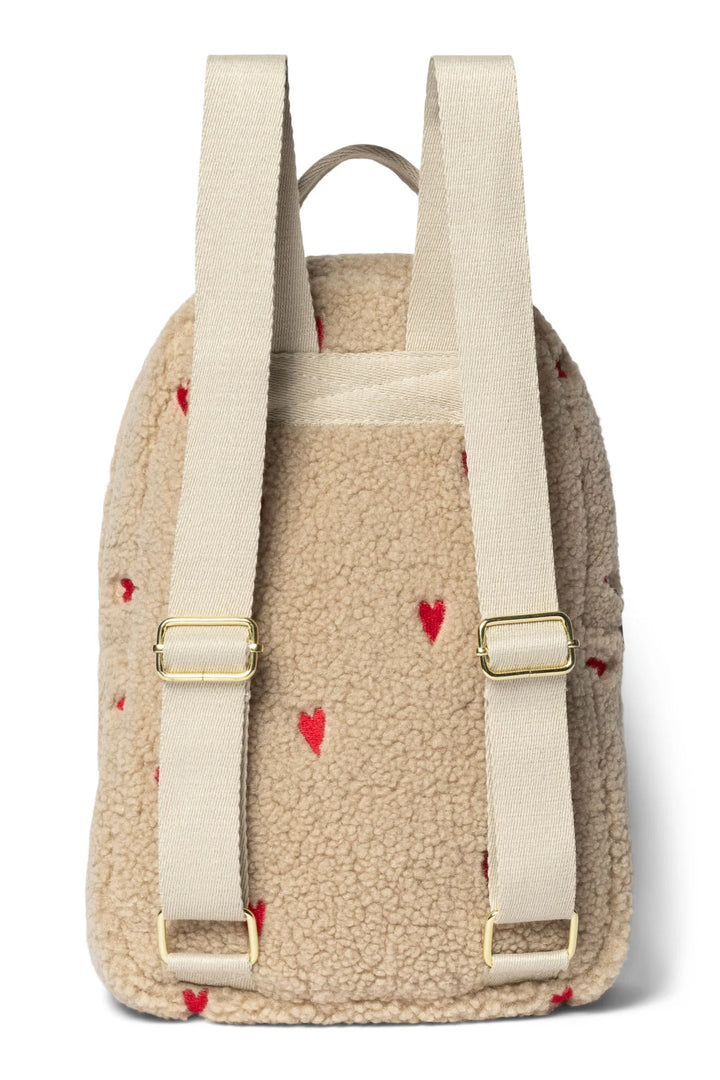 Mini rugzak van Studio Noos in teddy stof met hartjesmotief, kleur ecru