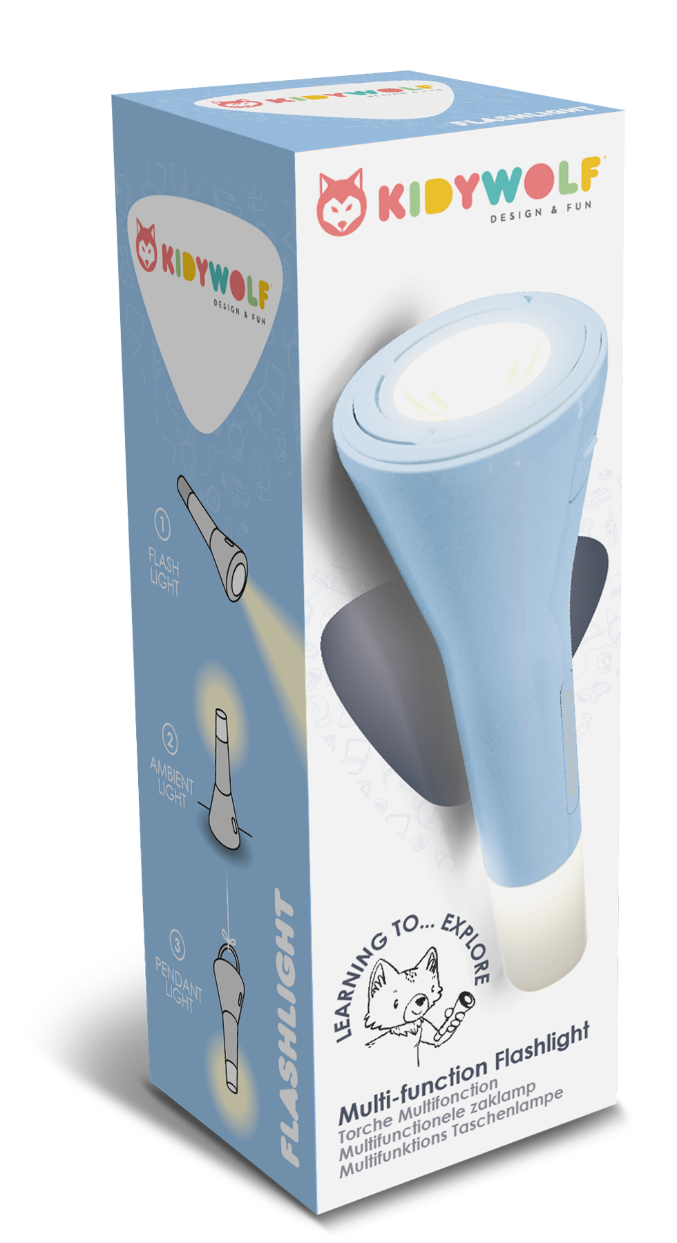 Kidytorche zaklamp blauw van Kidywolf, multifunctionele kinderzaklamp met 3 lichtfuncties