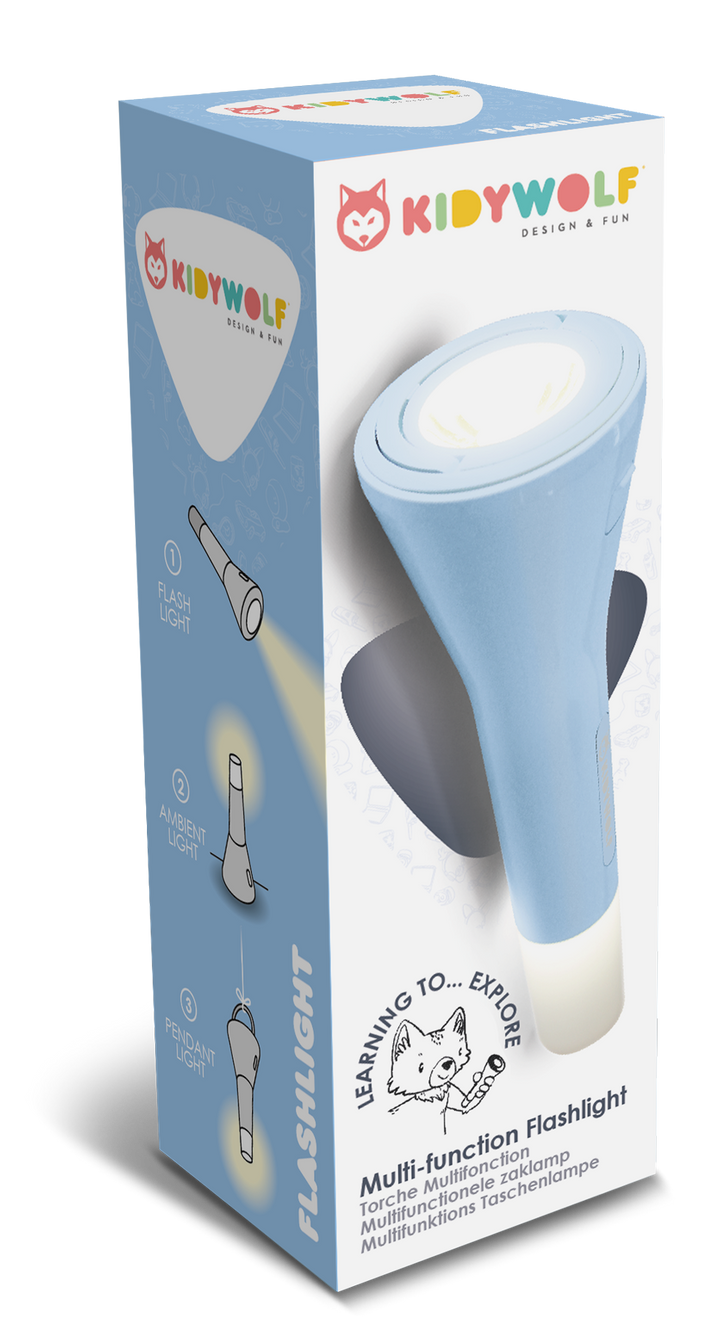 Kidytorche zaklamp blauw van Kidywolf, multifunctionele kinderzaklamp met 3 lichtfuncties