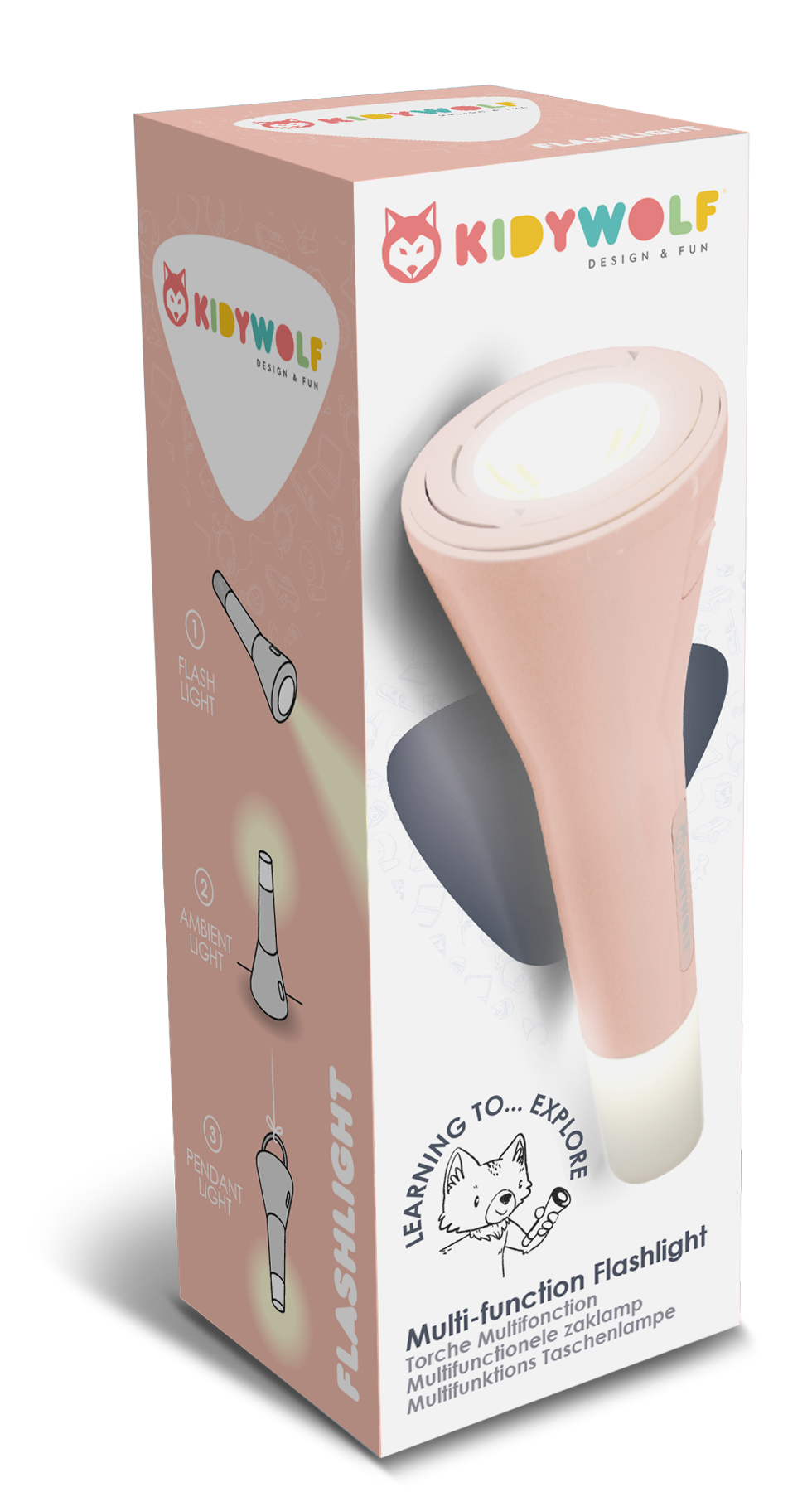 Kidytorche zaklamp roze van Kidywolf, multifunctionele kinderzaklamp met 3 lichtfuncties