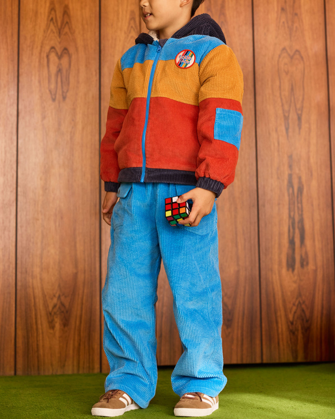 Goldie + Ace retro corduroy jas met kleurblokken en sherpa voering