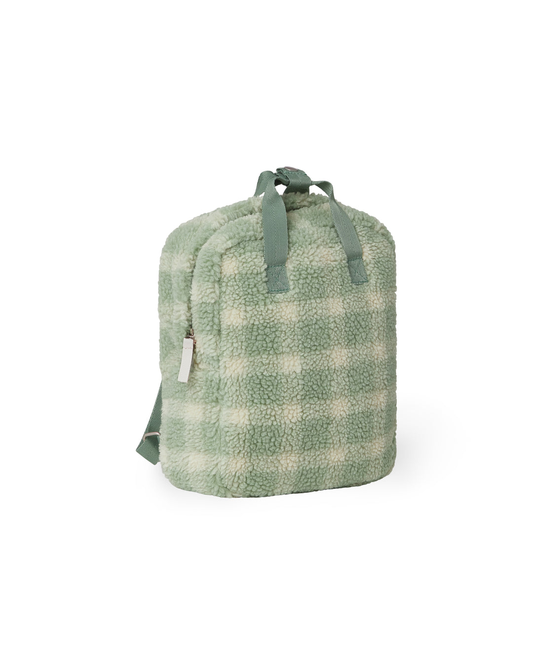 Zachte teddy rugzak Garbo & Friends Pile in Sage Check met ruitjesprint, gerecycled polyester