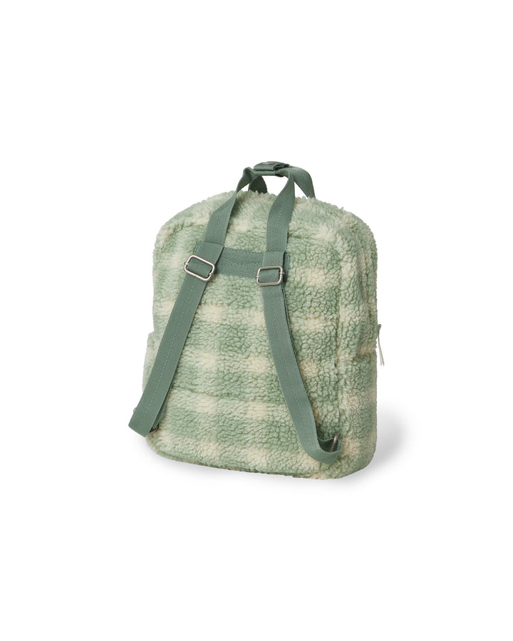 Zachte teddy rugzak Garbo & Friends Pile in Sage Check met ruitjesprint, gerecycled polyester