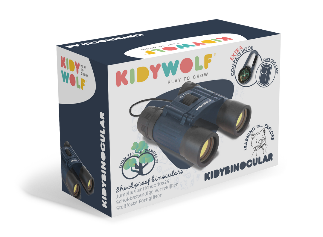 Kidywolf Kidybinoculars blauwe verrekijker, compact met 10x vergroting, kindvriendelijk