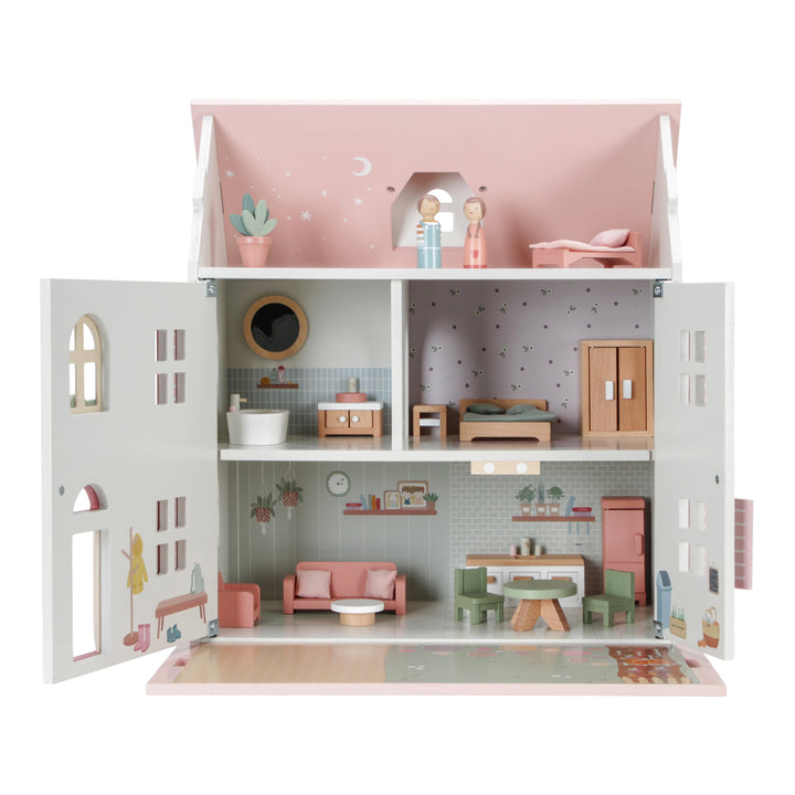 Little Dutch houten poppenhuis in wit met roze dak, compleet met Jim en Rosa pegdolls, open dak en meubels.