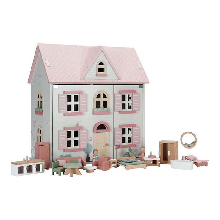 Little Dutch houten poppenhuis in wit met roze dak, compleet met Jim en Rosa pegdolls, open dak en meubels.