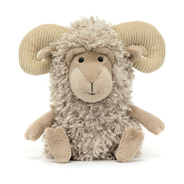 Zachte Jellycat knuffel Ramsley Sheep met beige vacht en grote hoorns