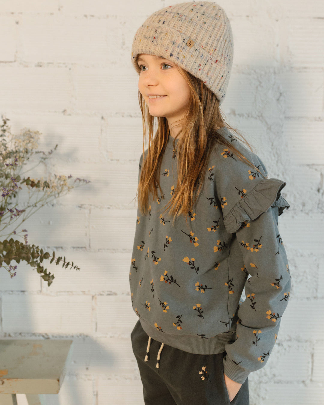 Buho pluche sweater in Elephant met folkloristische print, ruches bij de armsgaten en geribde boorden