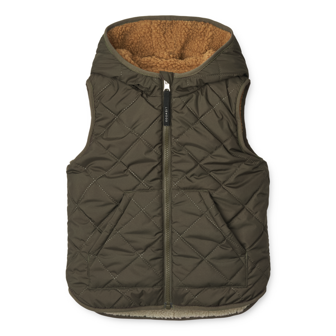 Liewood Diana omkeerbare bodywarmer in Army Brown Mix, gemaakt van gerecycled polyester met rits en zakken aan beide zijden