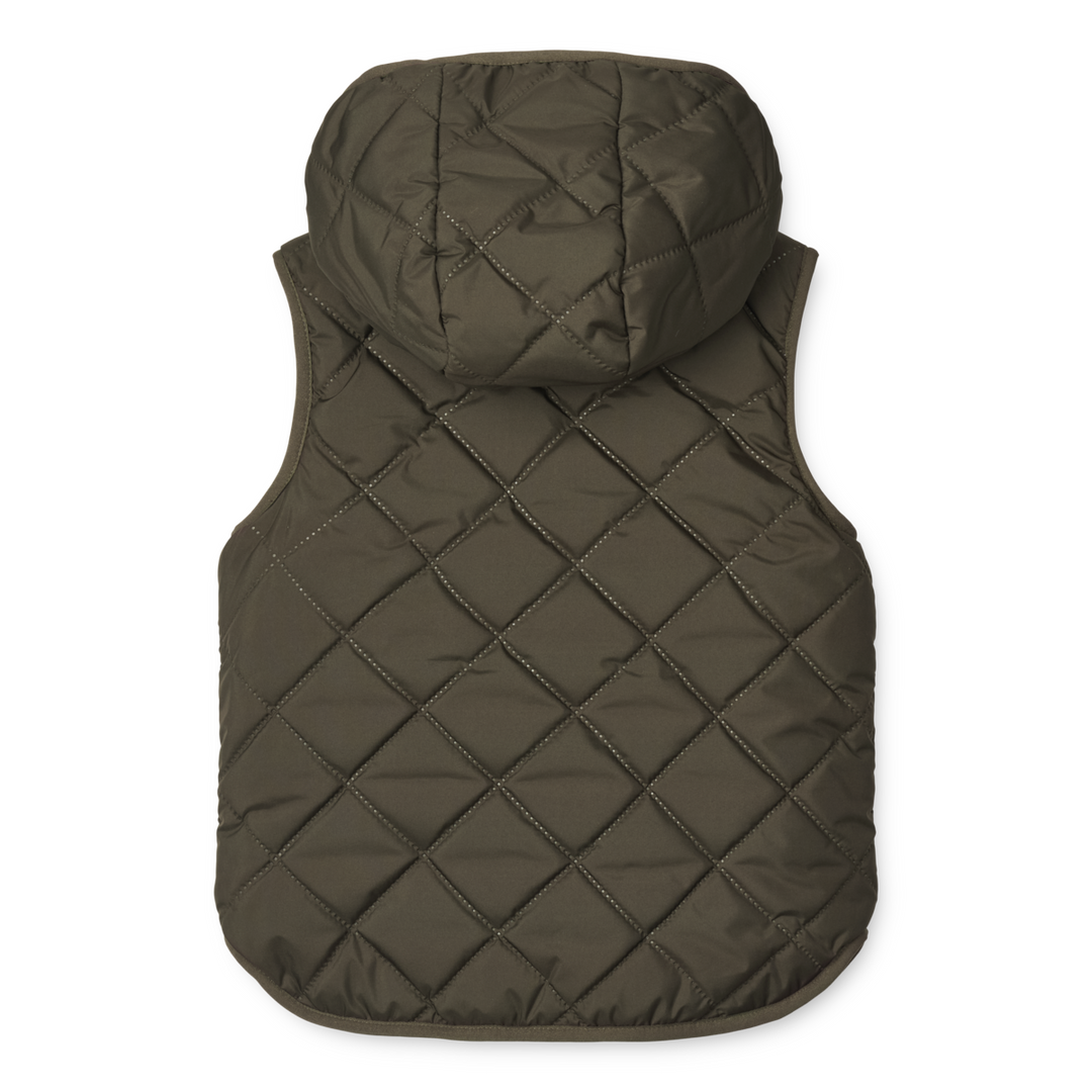 Liewood Diana omkeerbare bodywarmer in Army Brown Mix, gemaakt van gerecycled polyester met rits en zakken aan beide zijden