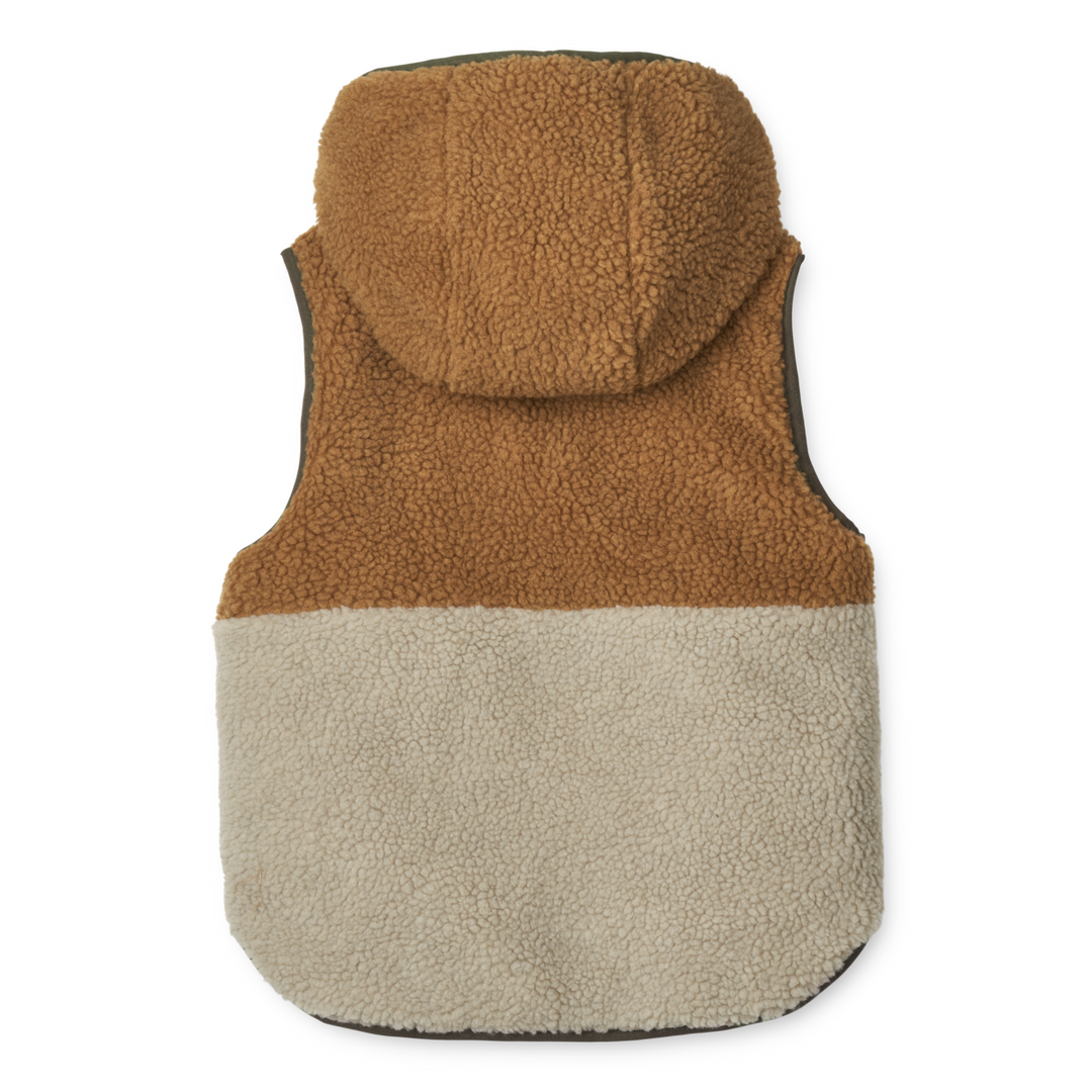 Liewood Diana omkeerbare bodywarmer in Army Brown Mix, gemaakt van gerecycled polyester met rits en zakken aan beide zijden