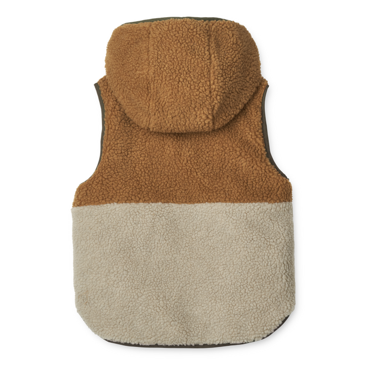 Liewood Diana omkeerbare bodywarmer in Army Brown Mix, gemaakt van gerecycled polyester met rits en zakken aan beide zijden