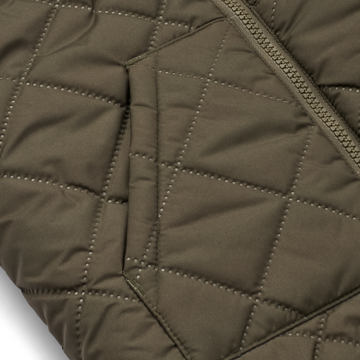 Liewood Diana omkeerbare bodywarmer in Army Brown Mix, gemaakt van gerecycled polyester met rits en zakken aan beide zijden