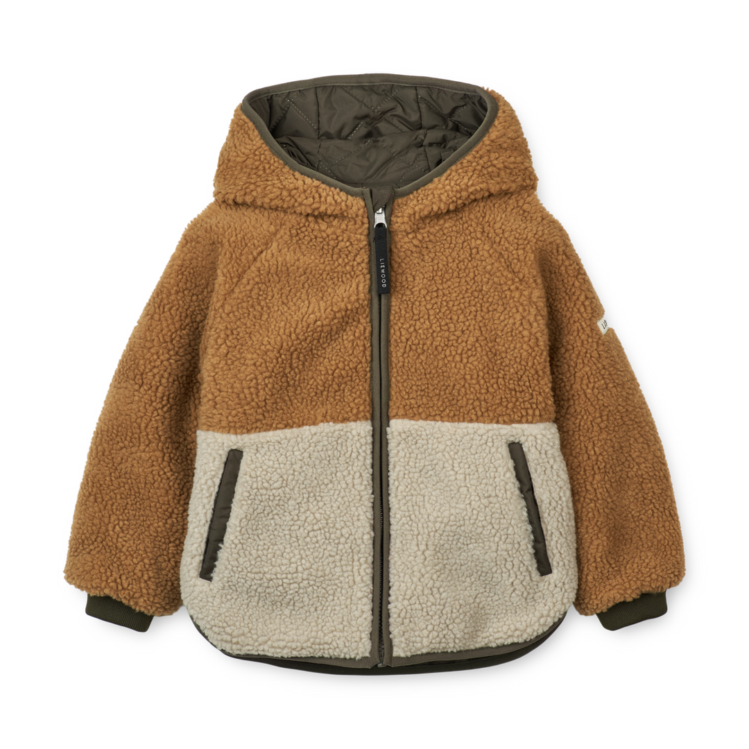 Liewood Jackson omkeerbare thermo jas in Army Brown Mix, gemaakt van gerecycled polyester, met zakken aan beide zijden