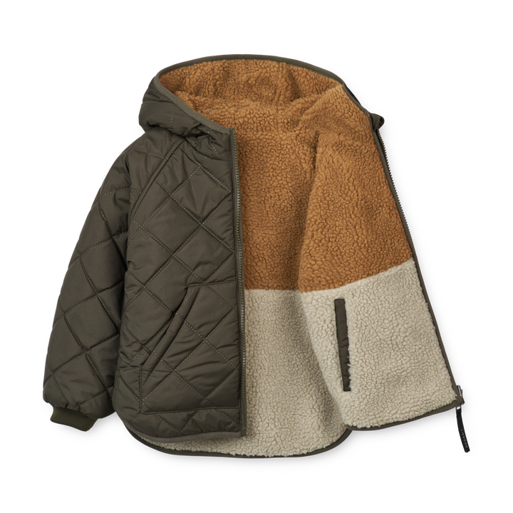 Liewood Jackson omkeerbare thermo jas in Army Brown Mix, gemaakt van gerecycled polyester, met zakken aan beide zijden