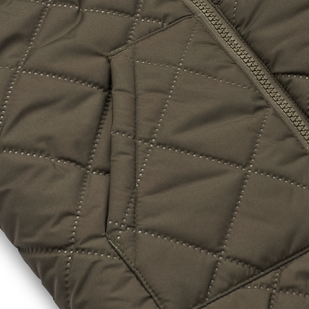 Liewood Jackson omkeerbare thermo jas in Army Brown Mix, gemaakt van gerecycled polyester, met zakken aan beide zijden