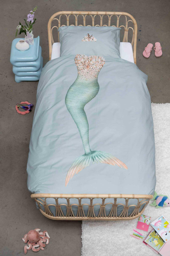 Snurk Mermaid dekbedovertrek 140x200 cm in aqua met zeemeerminprint van biologisch katoen