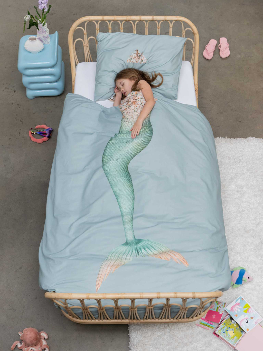 Snurk Mermaid dekbedovertrek 140x200 cm in aqua met zeemeerminprint van biologisch katoen