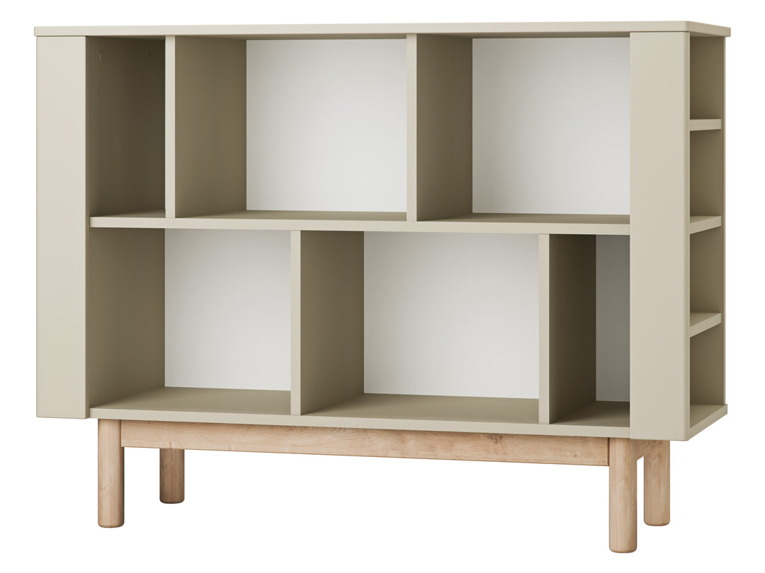 Champagne lage Pinio Miloo boekenkast met asymmetrische schappen en houten poten