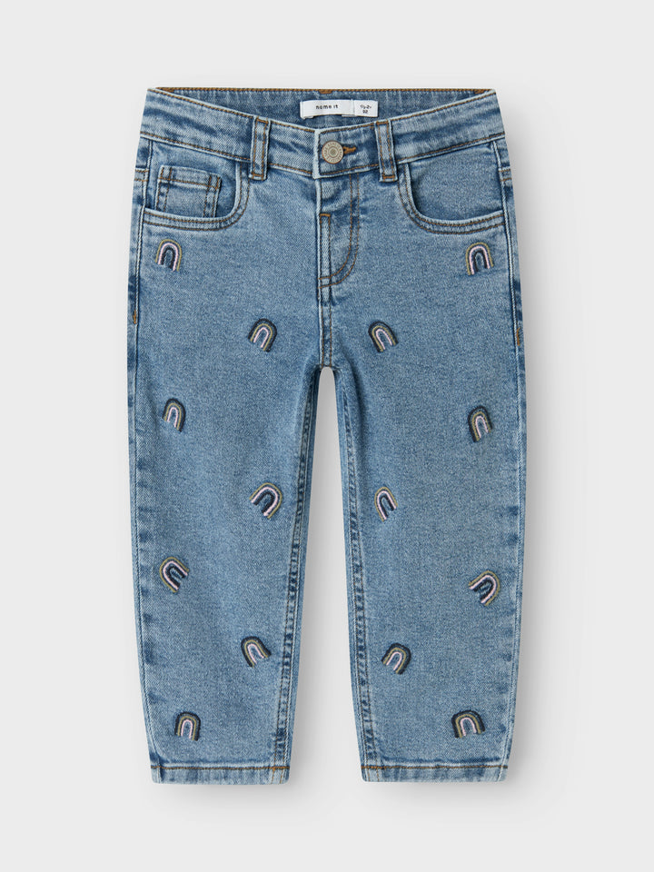 Denimblauwe mom fit jeans van Name It met regenboogborduursel en verstelbare taille