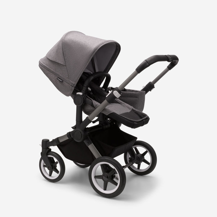 Bugaboo Donkey5 Mono kinderwagen in Graphite / Grey Melange, om te vormen tot duo kinderwagen, met ruime opbergcapaciteit en UPF 50+ zonnekap.