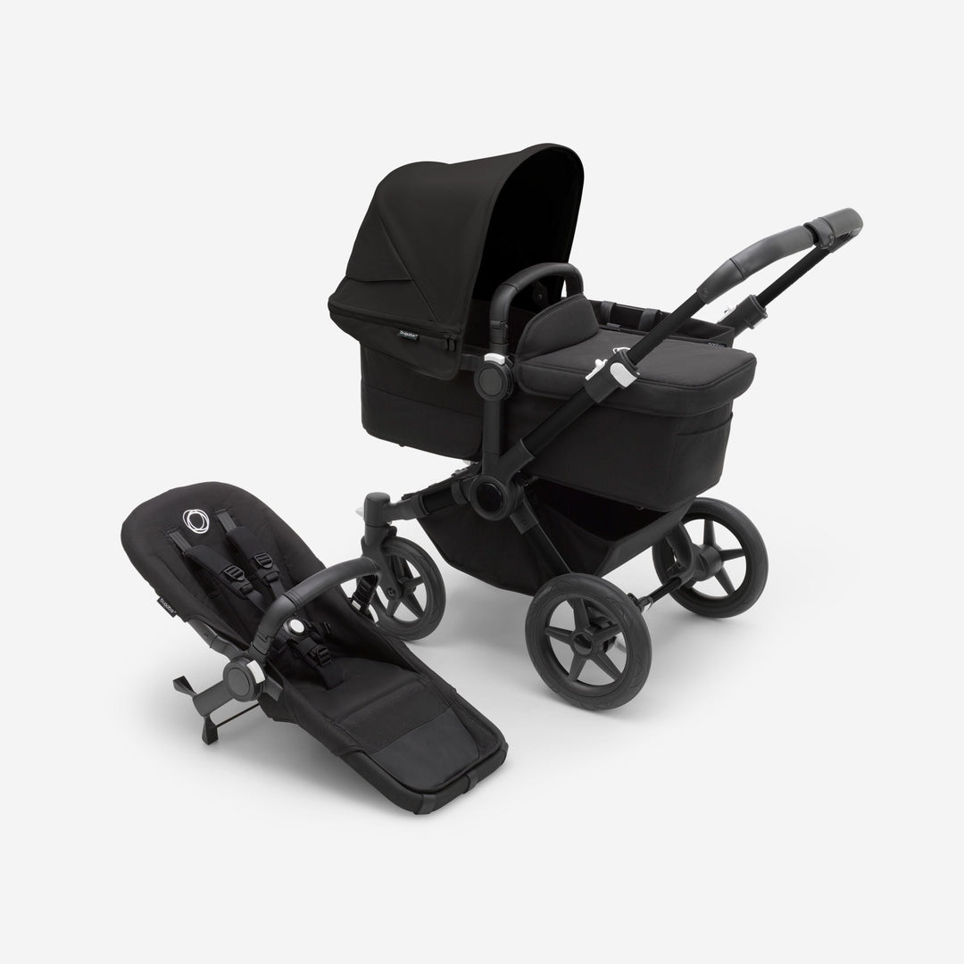 Bugaboo Donkey5 Mono kinderwagen in Black / Midnight Black, om te vormen tot duo kinderwagen, met ruime opbergcapaciteit en UPF 50+ zonnekap.