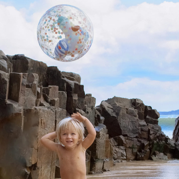 Strandbal met blauwe strepen, glitters en 3D zeemeeuw binnenin