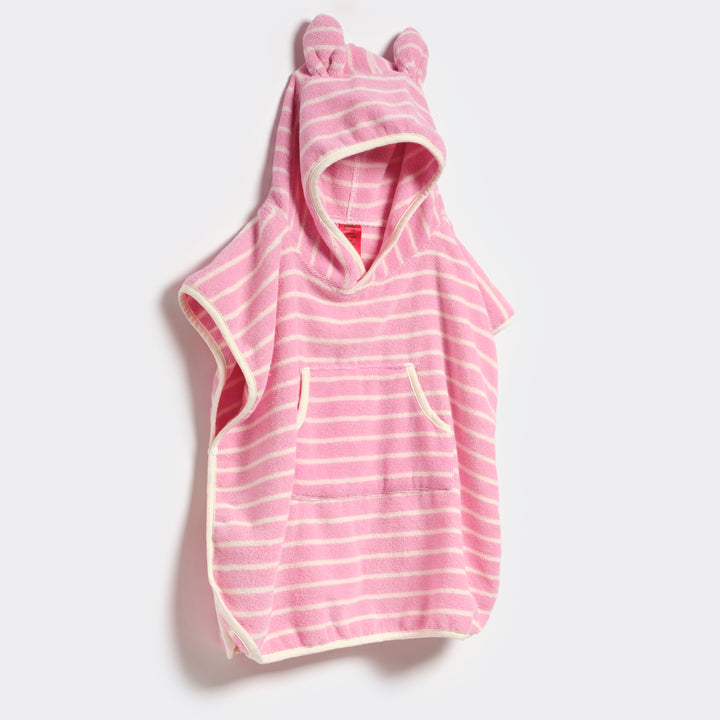 Zachte roze gestreepte kinderponcho van Sunnylife met capuchon en drukknopen