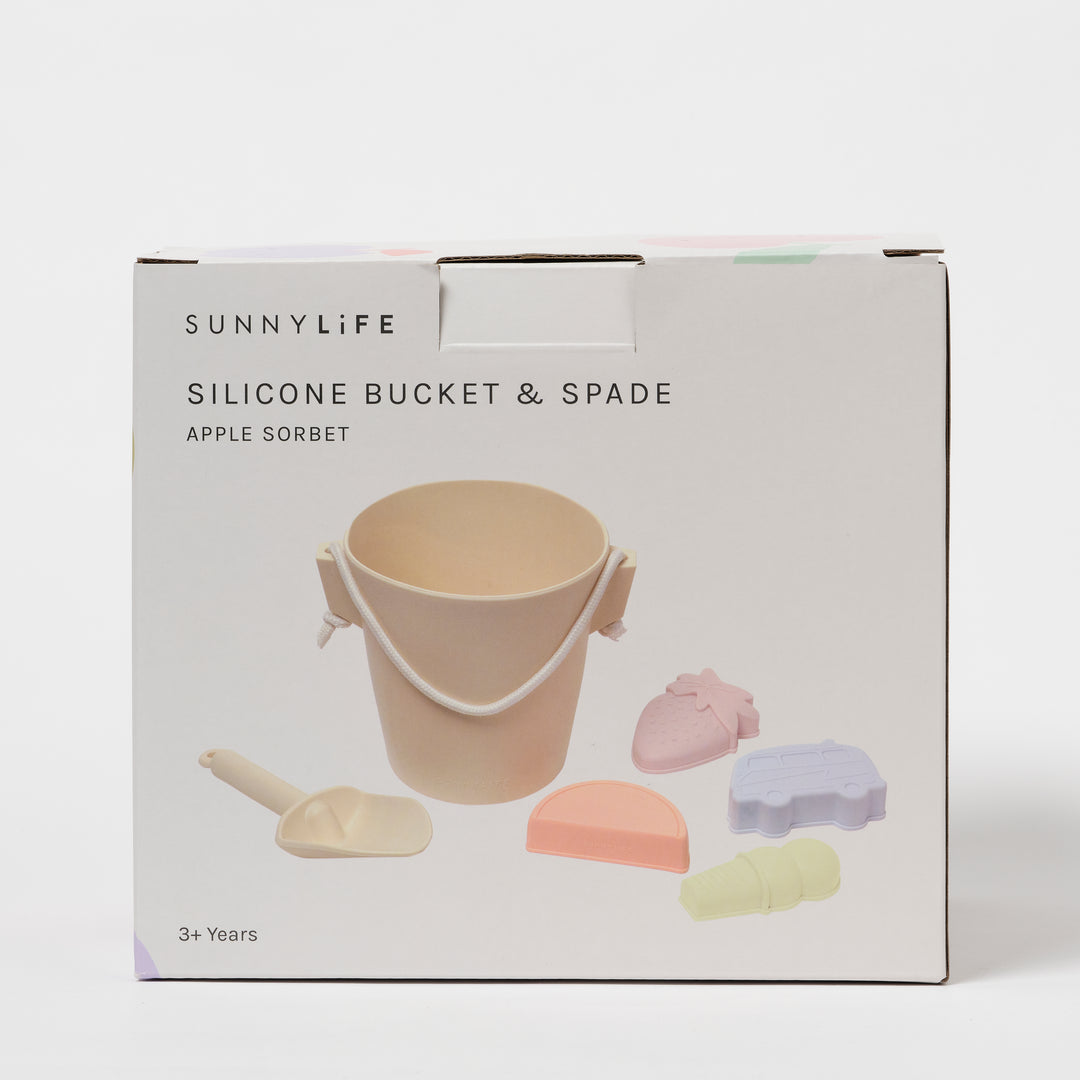 Pastelgekleurde silicone strandset met emmer, spade en zandvormen van Sunnylife