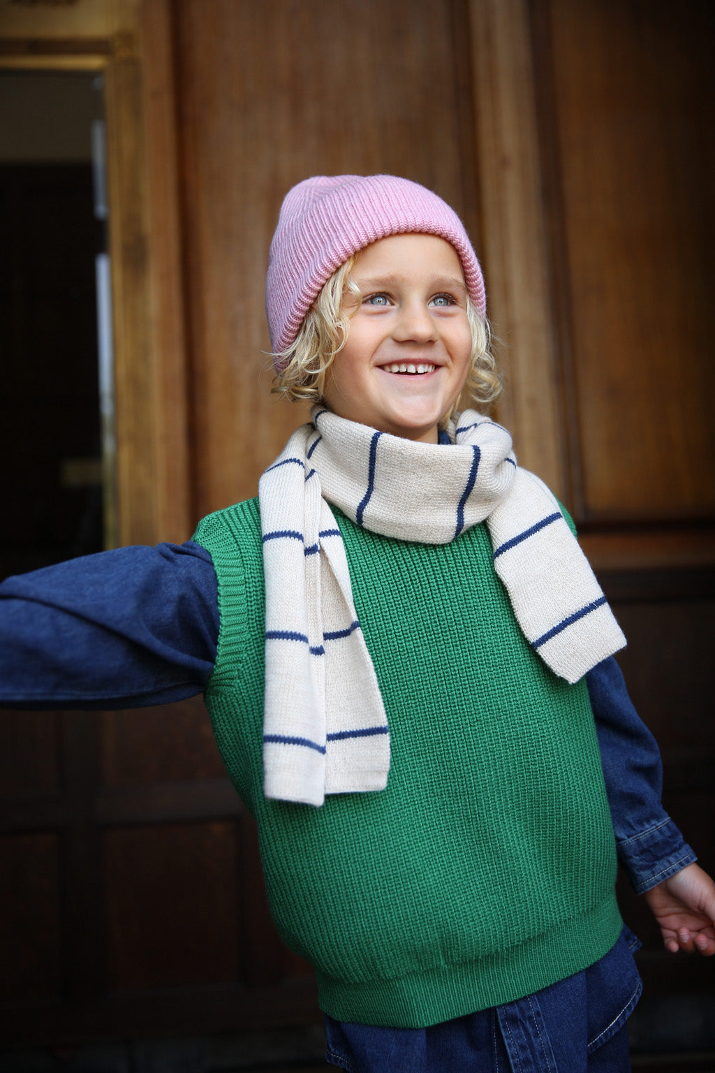 Hvid Igor sjaal in Cream/Blue met rode strepen, merinowol