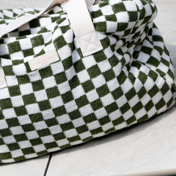 Khaki badstof weekendtas met ruitpatroon en ritssluiting – Gentil Coquelicot Paris