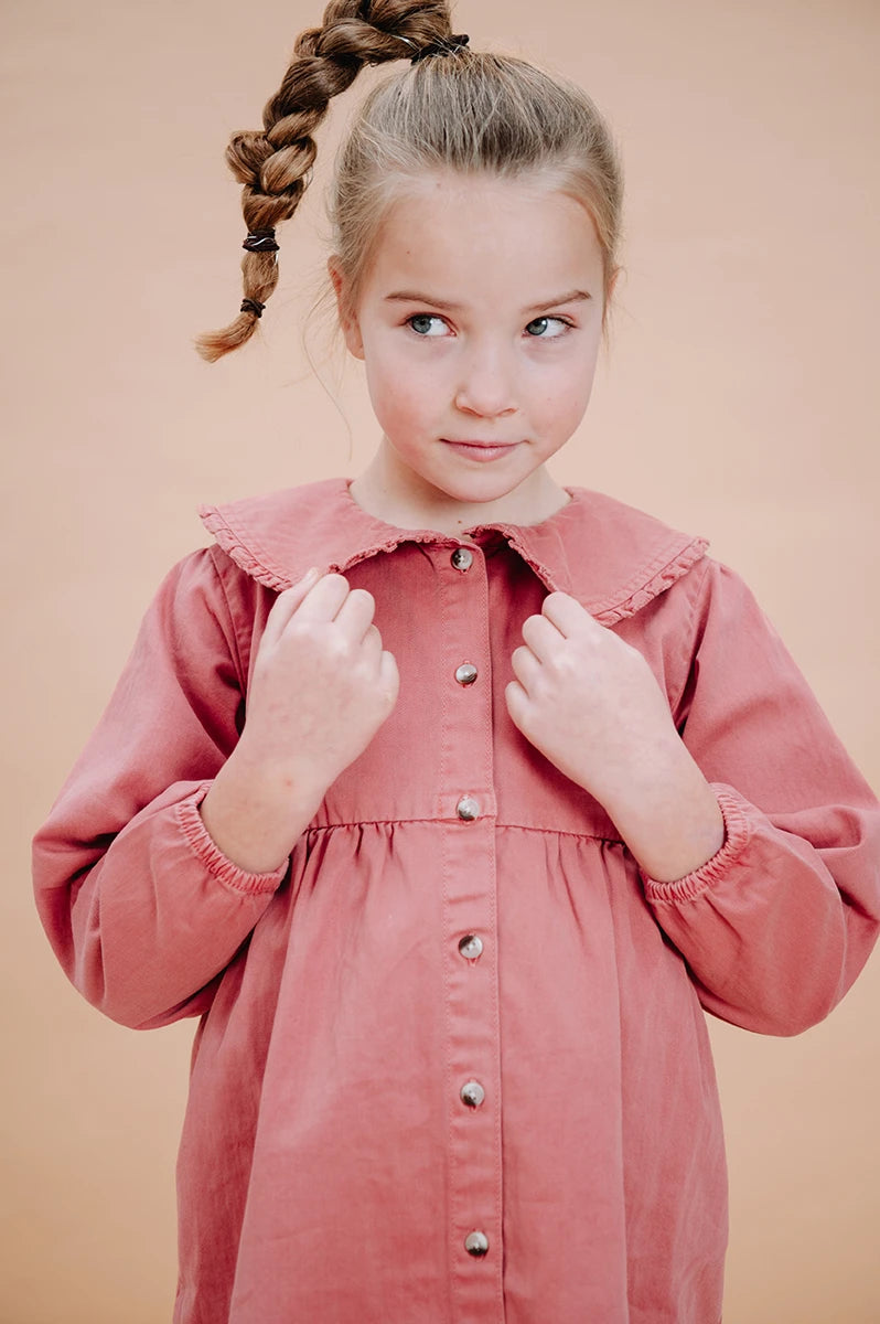 Sproet & Sprout denim mauve jurk met ruches kraag, tijdloze elegantie, gemaakt van zacht katoen