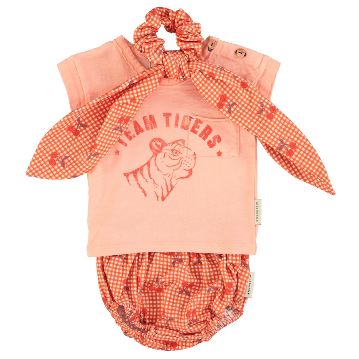 Roze baby T-shirt van Piupiuchick met Team Tigers tijgerprint en borstzakje