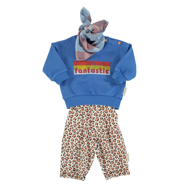Donkerblauwe baby sweater van Piupiuchick met Fantastic print en ribdetails