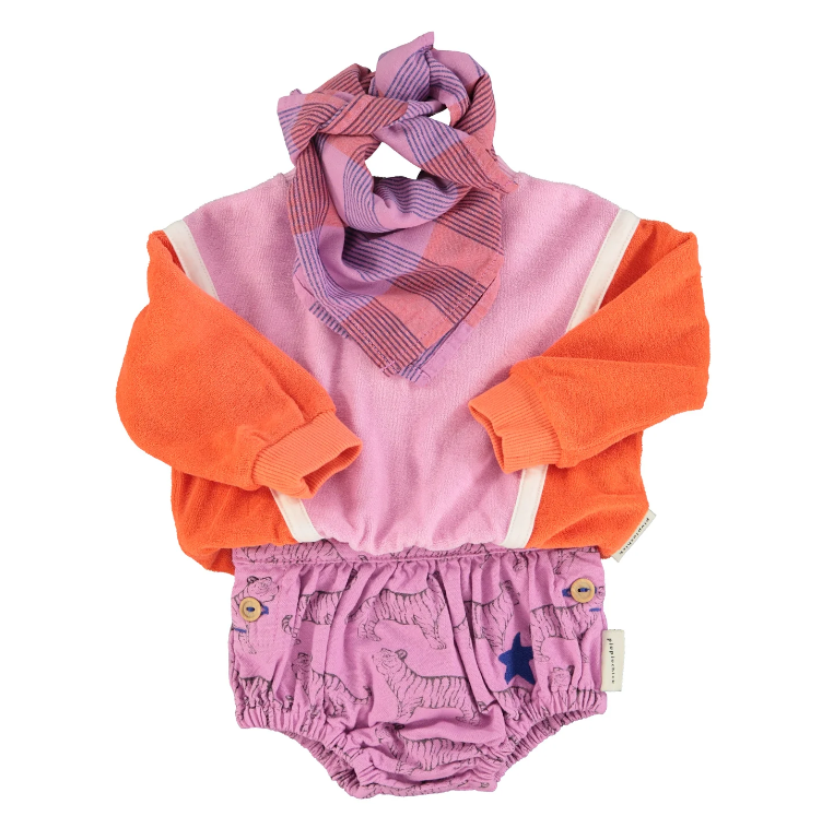 Baby sweater van Piupiuchick in oranje en lavendel met geribde details