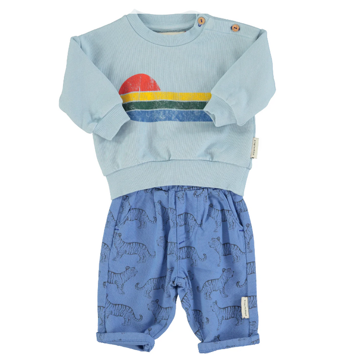 Lichtblauwe baby sweater van Piupiuchick met wave-print en Eighties opdruk