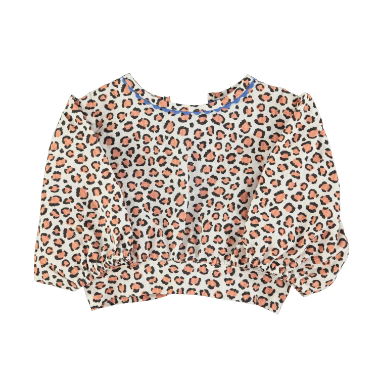 Ecru cropped blouse van Piupiuchick met tijgerprint, ballonmouwen en open rug