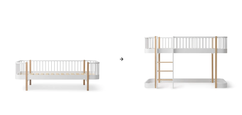 Conversieset van Oliver Furniture om een day bed om te zetten naar een low loft bed, getoond in wit en eiken.