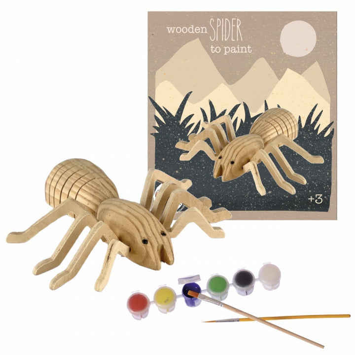 Complete knutselset van Egmont Toys met een houten spin, verf en penselen, klaar om geschilderd te worden