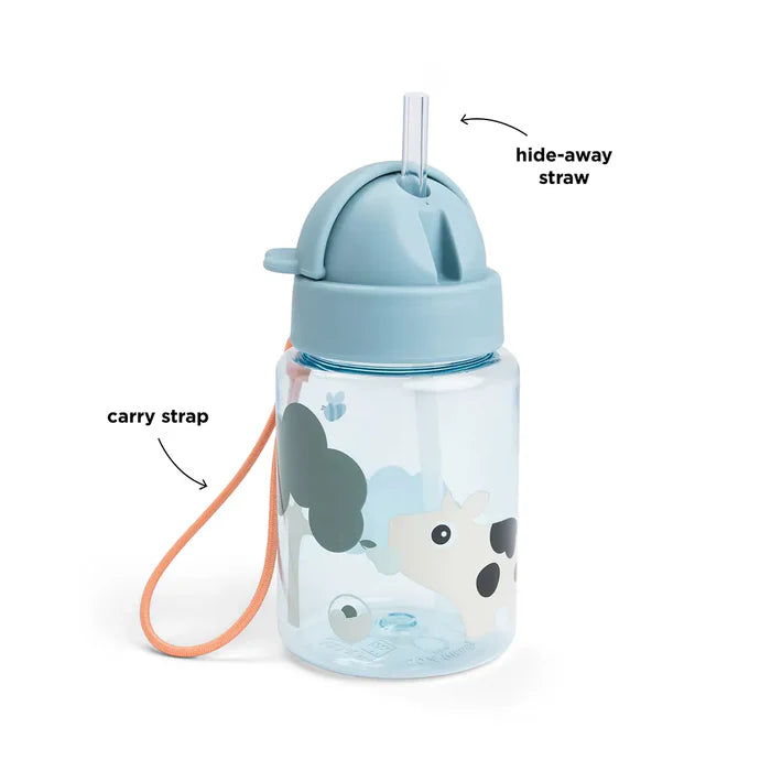 Drinkfles Done by Deer met rietje in blauw en Pigee print