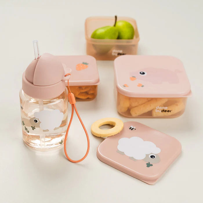 Drinkfles Done by Deer met rietje in roze en Sheepy print