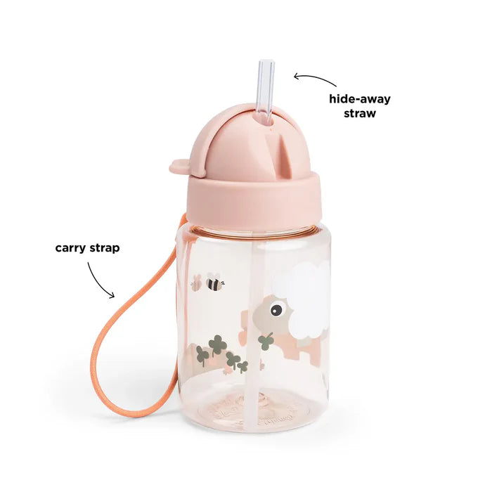 Drinkfles Done by Deer met rietje in roze en Sheepy print