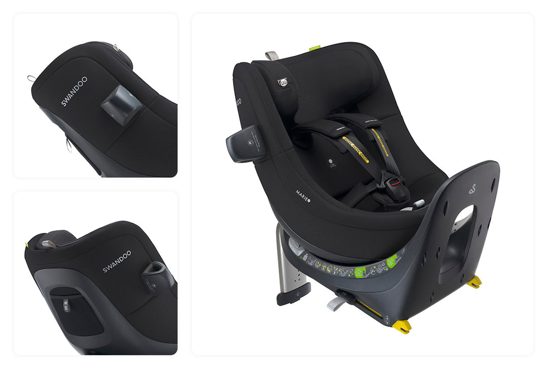 Swandoo Marie 5 I-Size Groep 0 / 1 autostoel in Chia Black met 360-graden rotatie en ademende netrugleuning.