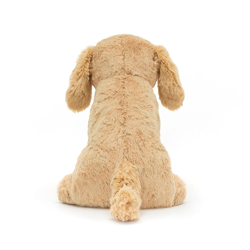 Schattige knuffel in de vorm van een golden retriever pup, 27 cm groot, met grote flaporen en bruine ogen