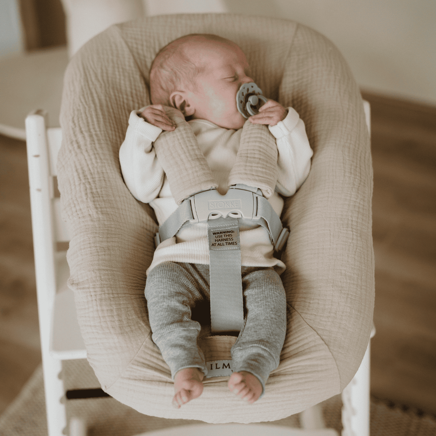 Ilmaha hoes voor Tripp Trapp Newborn Set, hydrofiel Champagne, met gordel pads.