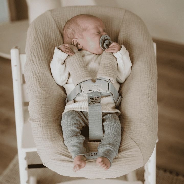 Ilmaha hoes voor Tripp Trapp Newborn Set, hydrofiel Champagne, met gordel pads.