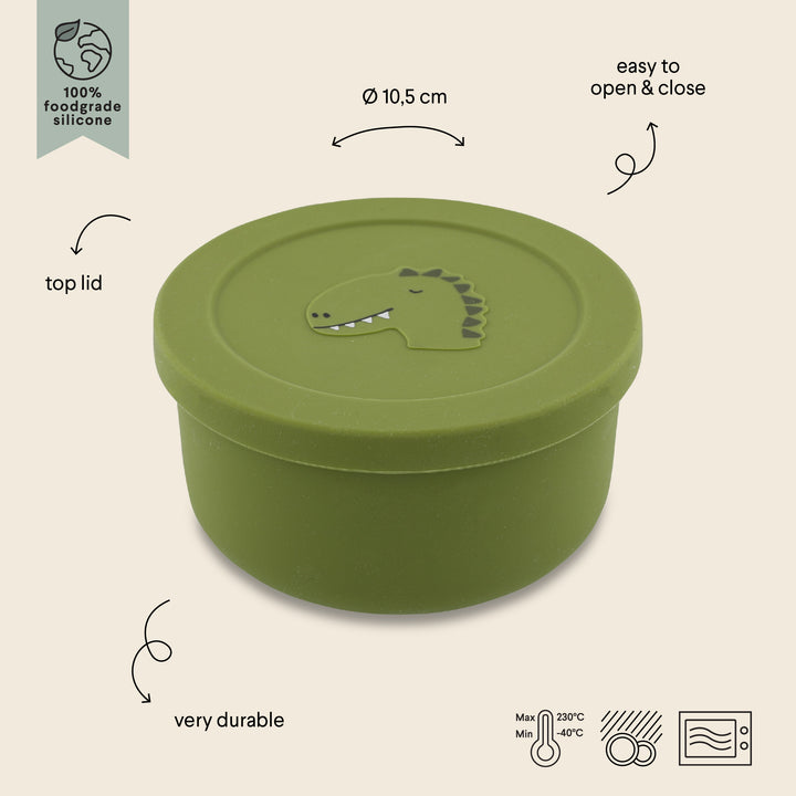 Silicone snackdoosje met deksel Mr. Dino van Trixie, perfect voor kindersnacks.
